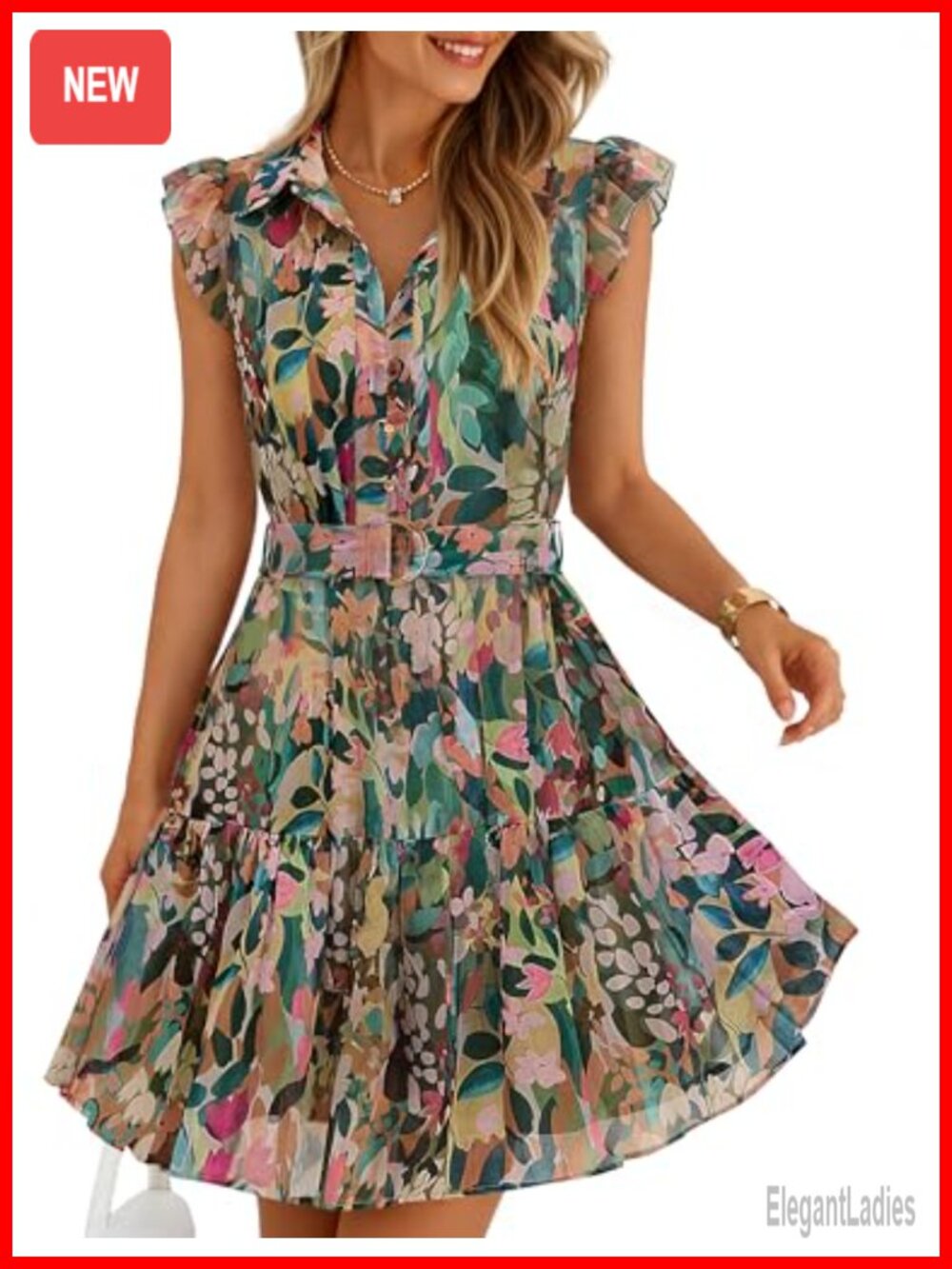 ZESICA Summer Floral Chiffon Mini Dress with Ruffled Sleeves and Tie Belt